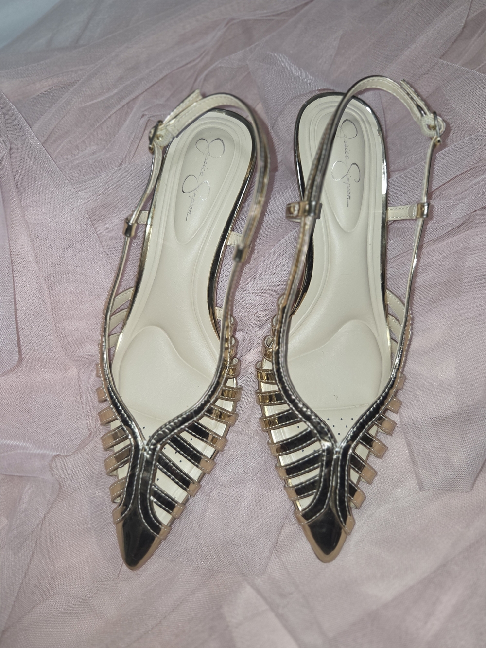 Jessica Simpson Metallic Gold Strappy Slingback Kitten Heel - Picture 3 of 9